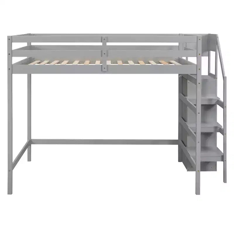 Cama alta de madera de tamaño completo con armario de almacenamiento y escalera incorporados, cama alta multifuncional con escalera y barandillas