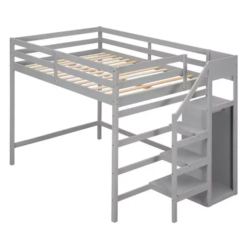 Cama alta de madera de tamaño completo con armario de almacenamiento y escalera incorporados, cama alta multifuncional con escalera y barandillas