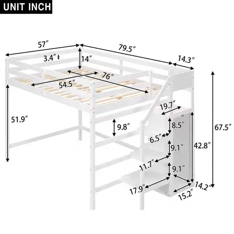 Cama alta de madera de tamaño completo con armario de almacenamiento y escalera incorporados, cama alta multifuncional con escalera y barandillas