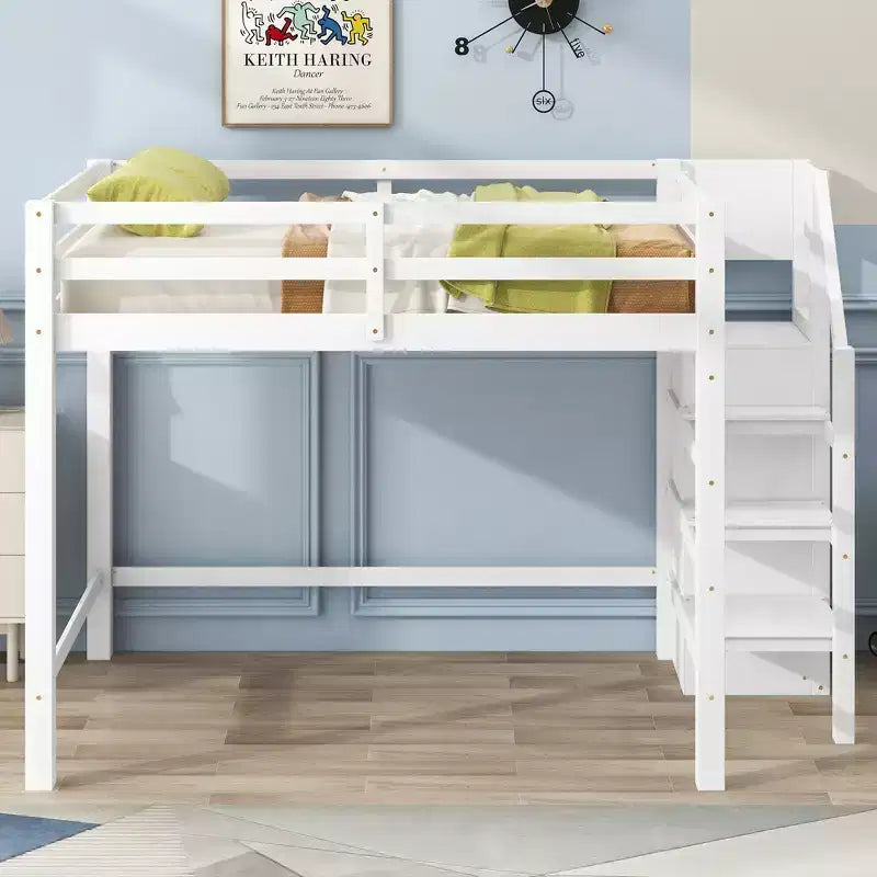 Cama alta de madera de tamaño completo con armario de almacenamiento y escalera incorporados, cama alta multifuncional con escalera y barandillas