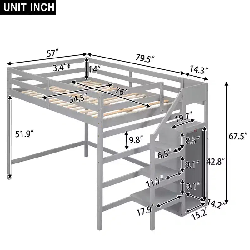 Cama alta de madera de tamaño completo con armario de almacenamiento y escalera incorporados, cama alta multifuncional con escalera y barandillas