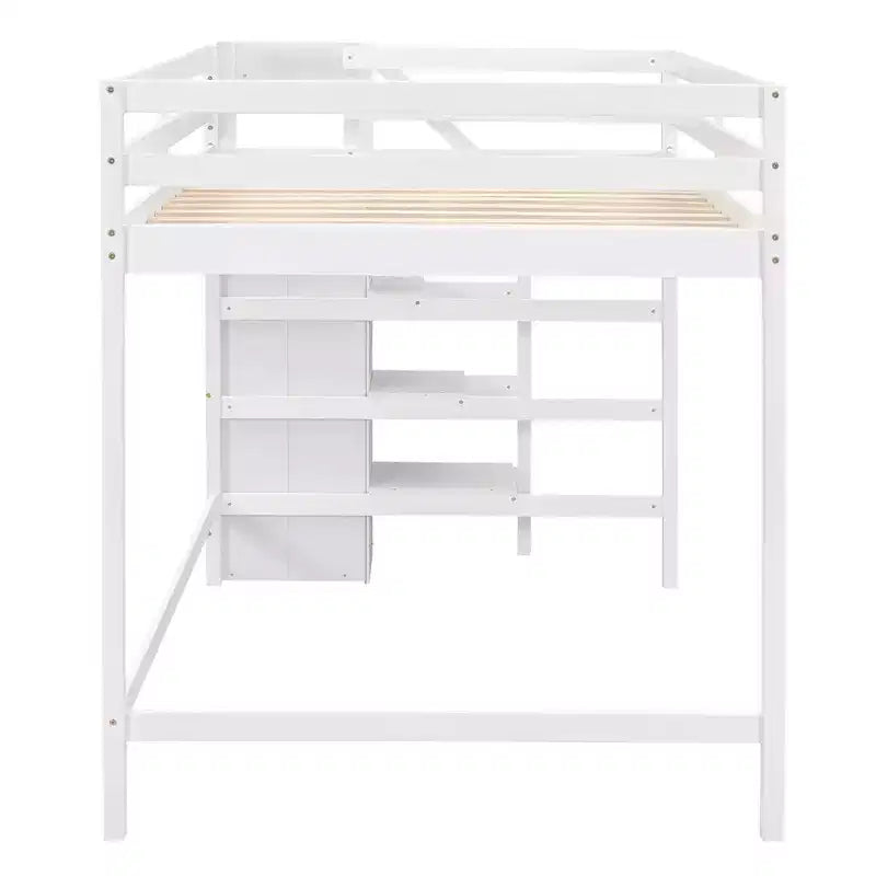 Cama alta de madera de tamaño completo con armario de almacenamiento y escalera incorporados, cama alta multifuncional con escalera y barandillas