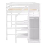 Cama alta de madera de tamaño completo con armario de almacenamiento y escalera incorporados, cama alta multifuncional con escalera y barandillas