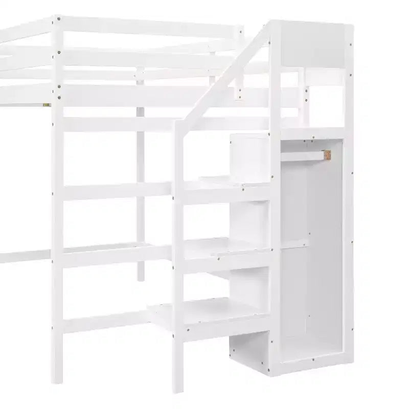 Cama alta de madera de tamaño completo con armario de almacenamiento y escalera incorporados, cama alta multifuncional con escalera y barandillas