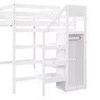 Cama alta de madera de tamaño completo con armario de almacenamiento y escalera incorporados, cama alta multifuncional con escalera y barandillas