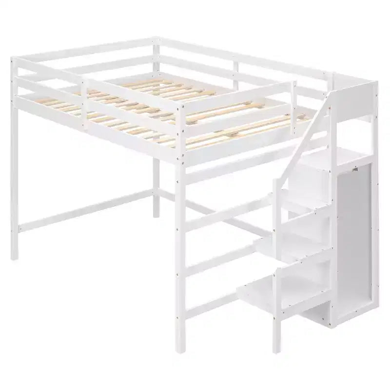 Cama alta de madera de tamaño completo con armario de almacenamiento y escalera incorporados, cama alta multifuncional con escalera y barandillas