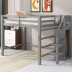Cama alta de madera de tamaño completo con armario de almacenamiento y escalera incorporados, cama alta multifuncional con escalera y barandillas