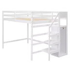 Cama alta de madera de tamaño completo con armario de almacenamiento y escalera incorporados, cama alta multifuncional con escalera y barandillas