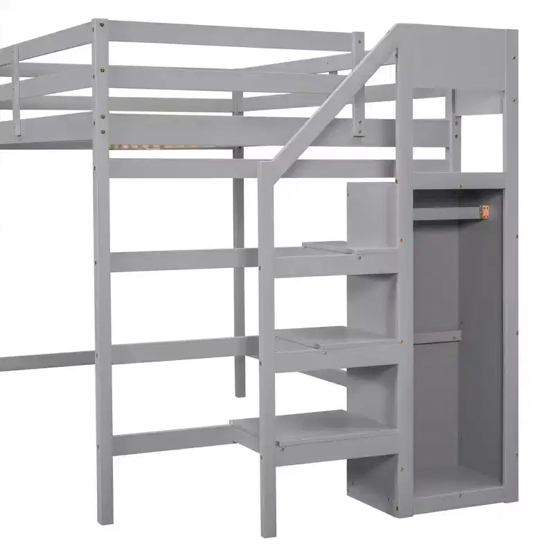 Cama alta de madera de tamaño completo con armario de almacenamiento y escalera incorporados, cama alta multifuncional con escalera y barandillas