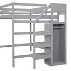 Cama alta de madera de tamaño completo con armario de almacenamiento y escalera incorporados, cama alta multifuncional con escalera y barandillas