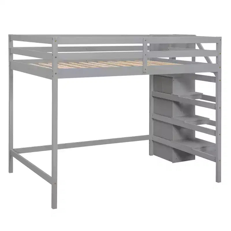 Cama alta de madera de tamaño completo con armario de almacenamiento y escalera incorporados, cama alta multifuncional con escalera y barandillas
