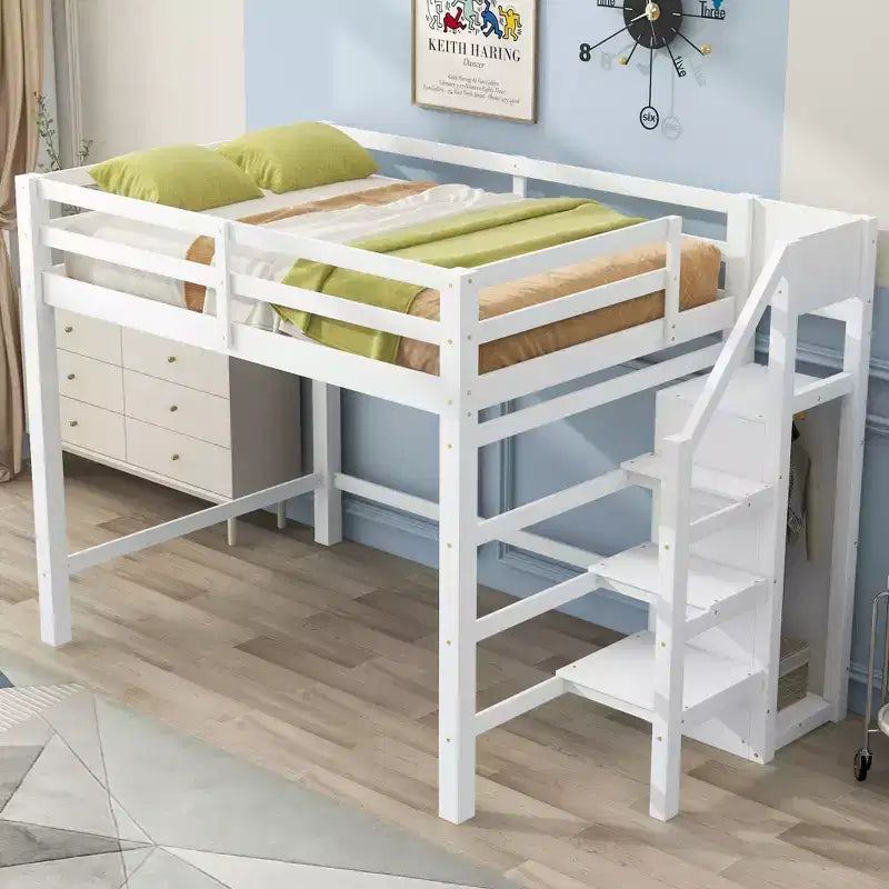 Cama alta de madera de tamaño completo con armario de almacenamiento y escalera incorporados, cama alta multifuncional con escalera y barandillas