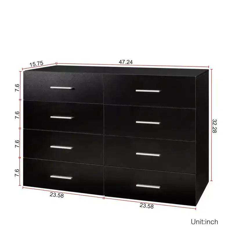 Cómoda Karl de 8 cajones de aglomerado negro de 120 cm de ancho