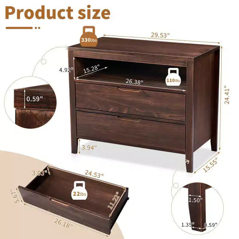 Mesitas de noche Karl Home de 2 cajones de MDF (tablero de fibra de densidad media) marrón de 75 cm de ancho