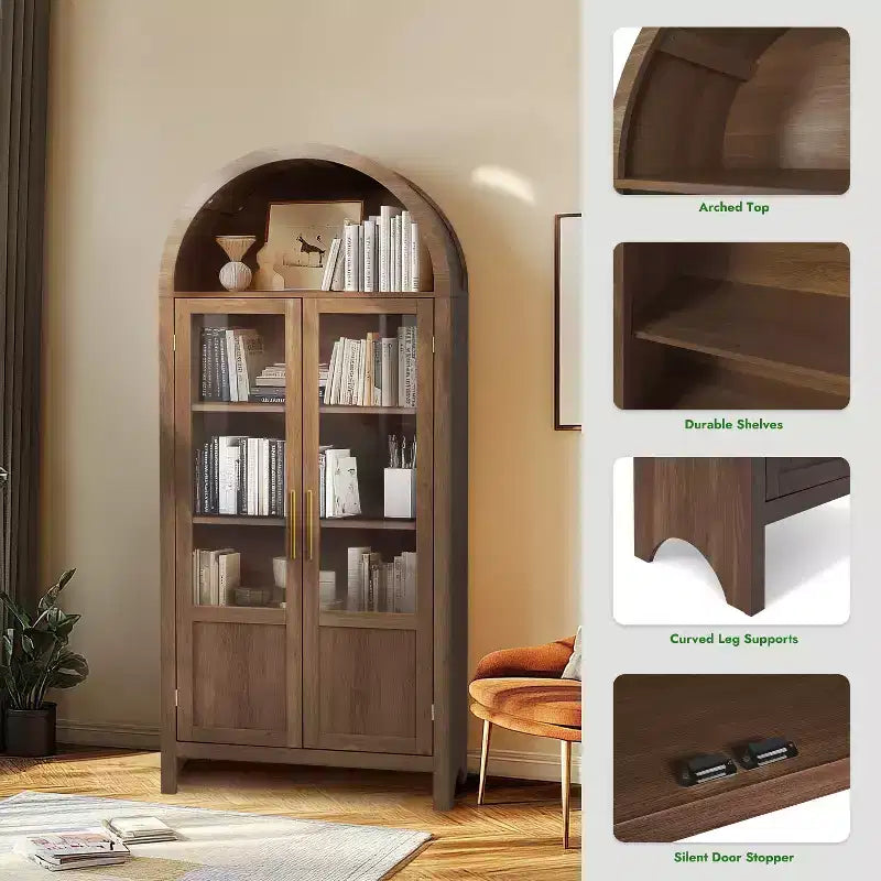 NEWLAYOUT 71 Gabinete de madera alto, Gabinete de almacenamiento arqueado con 2 puertas y estantes para sala de estar