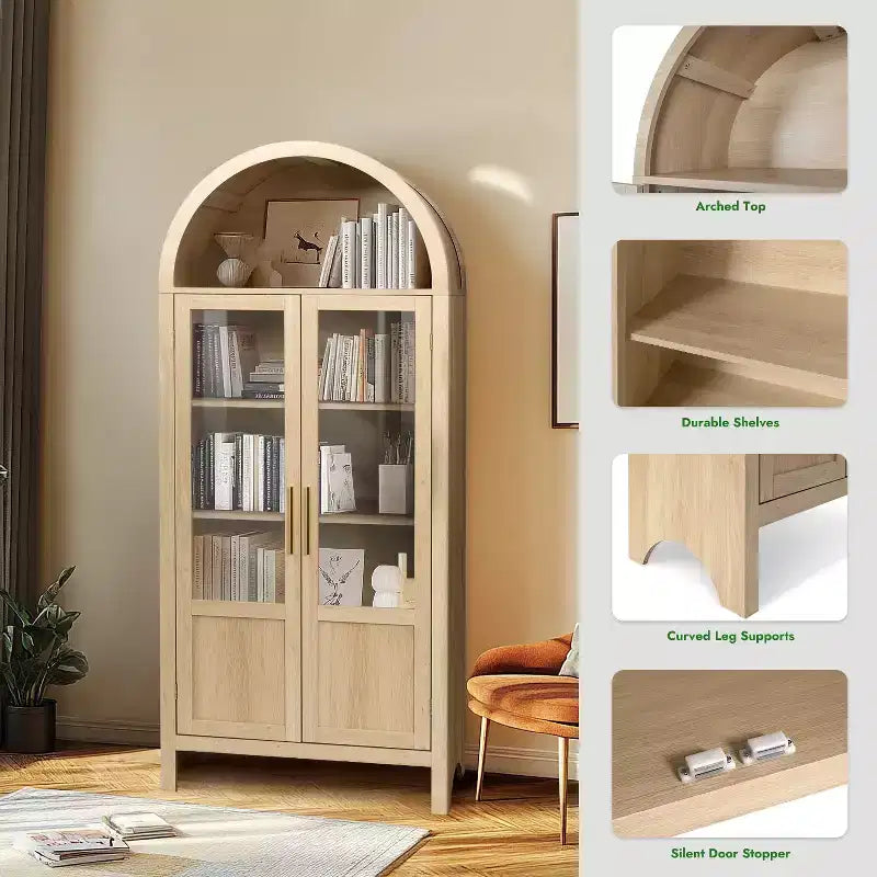 NEWLAYOUT 71 Gabinete de madera alto, Gabinete de almacenamiento arqueado con 2 puertas y estantes para sala de estar