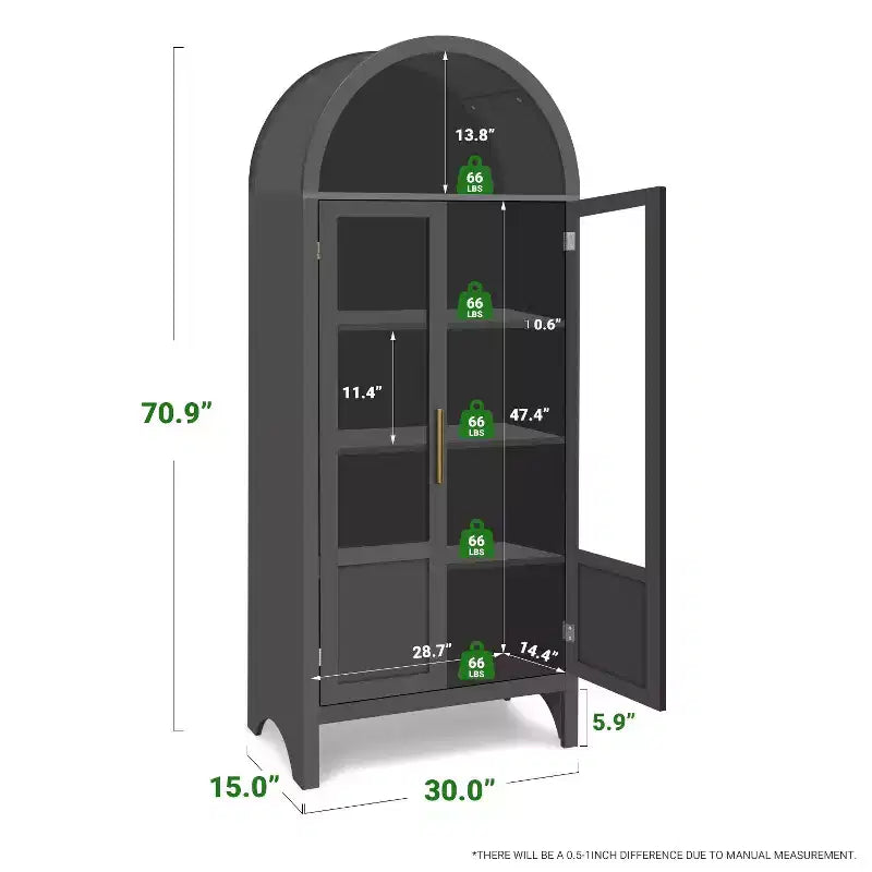 NEWLAYOUT 71 Gabinete de madera alto, Gabinete de almacenamiento arqueado con 2 puertas y estantes para sala de estar