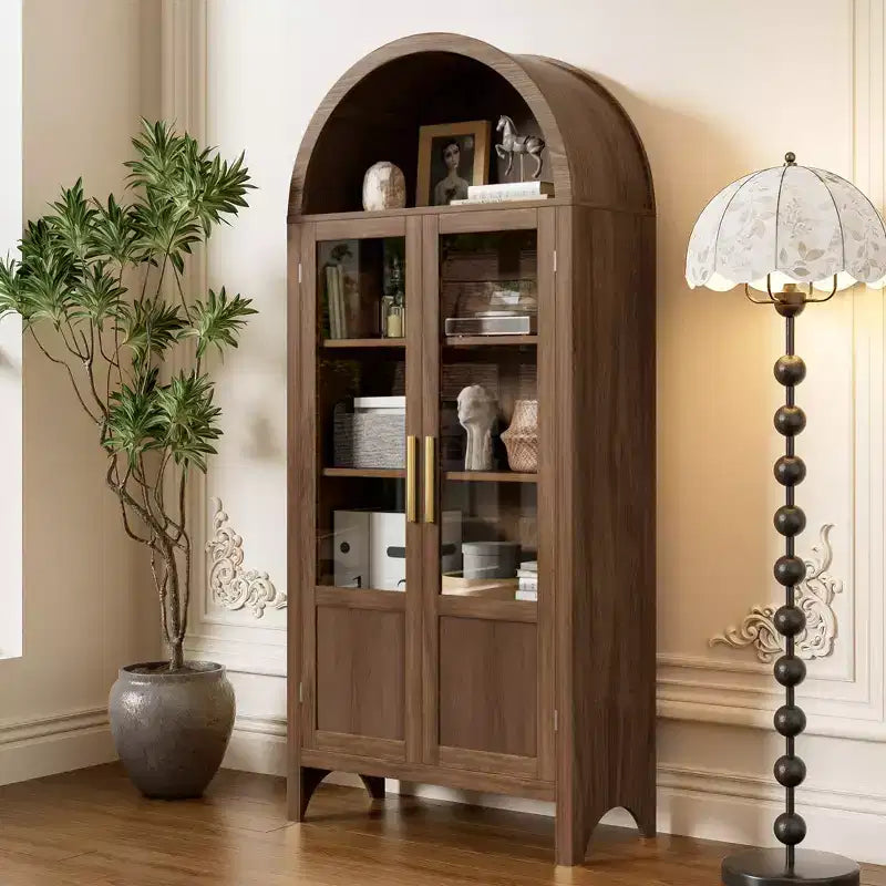 NEWLAYOUT 71 Tall Wooden Cabinet Arched Storage Cabinet with 2 Doors and Shelves for Living Room