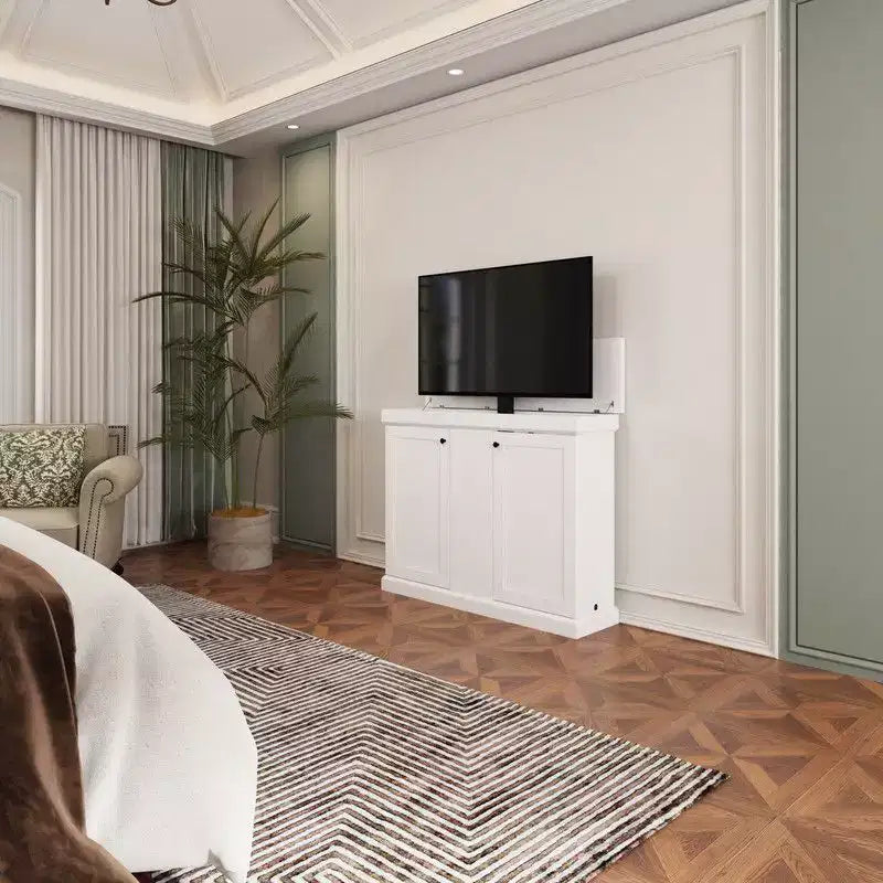 Estación de juegos Famapy Smart Lift, altura ajustable, control inteligente/orificios dobles para gestión de cables, ideal para pantallas de 50 pulgadas en salas de juegos/entretenimiento en el hogar