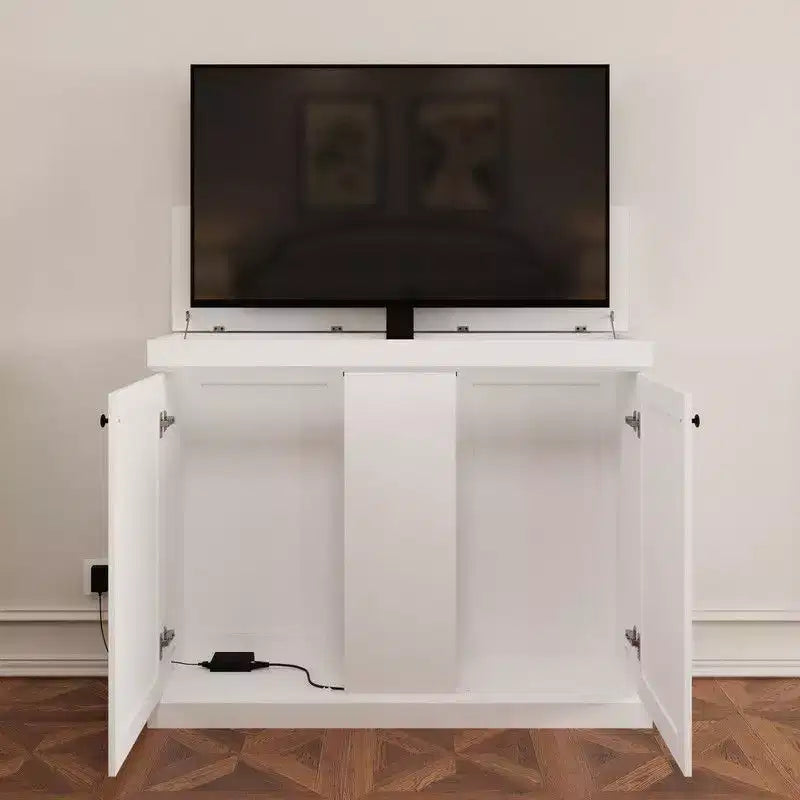 Estación de juegos Famapy Smart Lift, altura ajustable, control inteligente/orificios dobles para gestión de cables, ideal para pantallas de 50 pulgadas en salas de juegos/entretenimiento en el hogar