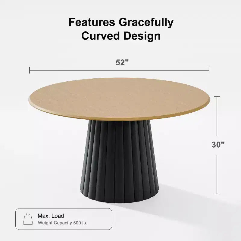 PexFix 52 Mesa de comedor redonda de madera, mesa de cocina para 4-6 personas con tablero de borde en forma de arco y base cónica texturizada para sala de estar/comedor, café, oficina, natural