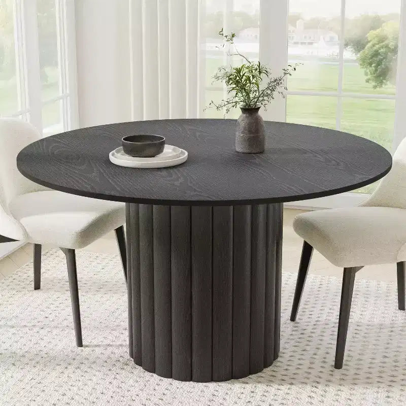 PexFix Mesa de Comedor Redonda de Madera Maciza de 52 pulgadas, Mesa de Cocina para 4-6 Personas con Encimera y Base Cilíndrica Texturizada para Sala de Estar/Comedor, Oficina, Café, Negra