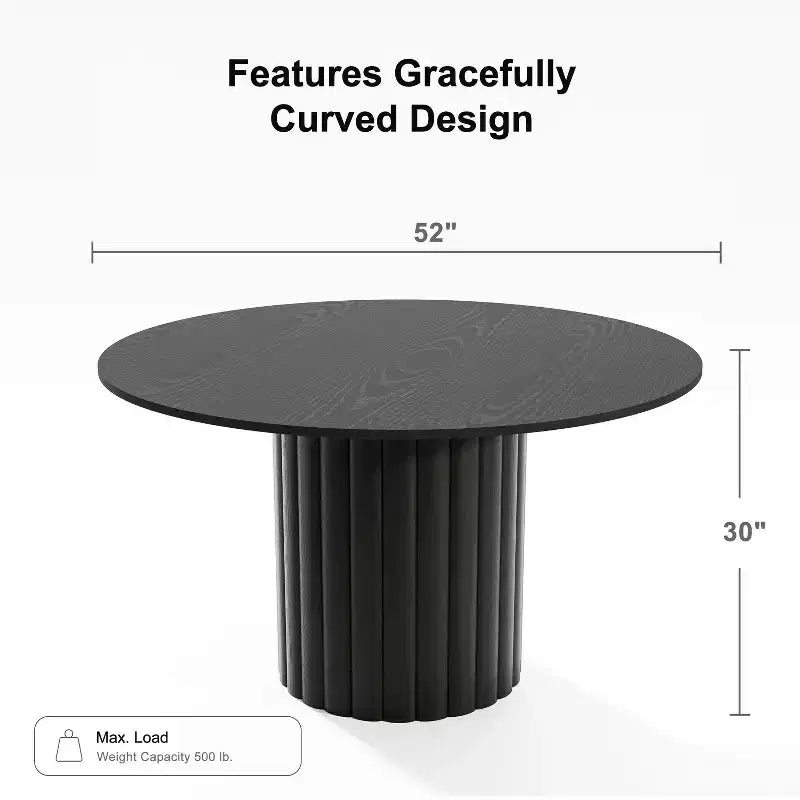 PexFix Mesa de Comedor Redonda de Madera Maciza de 52 pulgadas, Mesa de Cocina para 4-6 Personas con Encimera y Base Cilíndrica Texturizada para Sala de Estar/Comedor, Oficina, Café, Negra