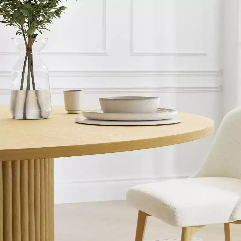 PexFix Mesa de comedor redonda de madera maciza de 60 pulgadas, mesa de cocina para 6-8 personas con tablero y base cilíndrica estriada para sala de estar/comedor, café, oficina, natural