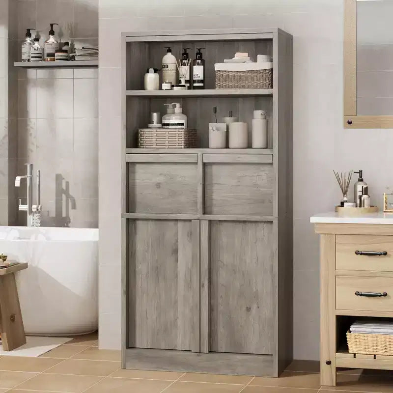 Armario de baño con puertas y cajones, armario de almacenamiento de pie, armario organizador alto para baño, sala de estar, cocina, despensa