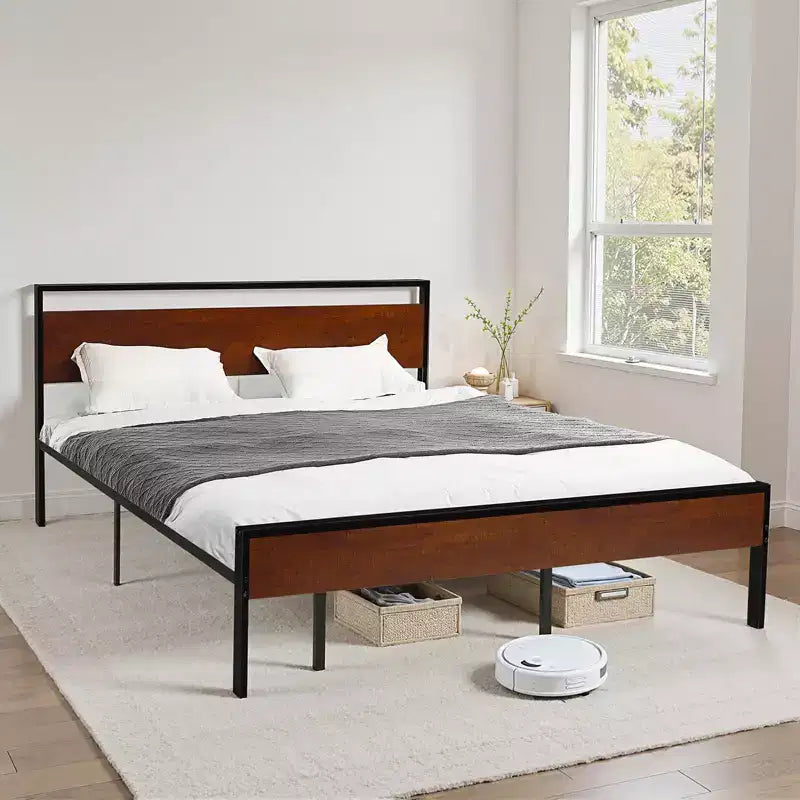 VEVOR Estructura de Cama King Size, Base de Cama Metálica Negra de 14 Pulgadas con Cabecero y Piecero de Madera Marrón Retro, Amplio Almacenamiento Debajo de la Cama, Marrón