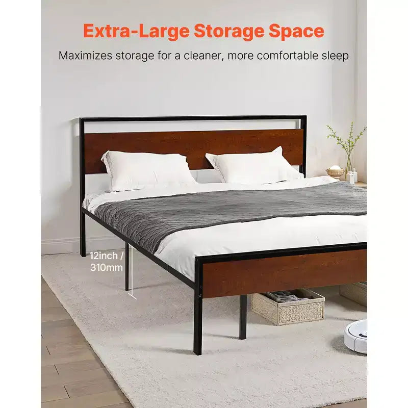 VEVOR Estructura de Cama King Size, Base de Cama Metálica Negra de 14 Pulgadas con Cabecero y Piecero de Madera Marrón Retro, Amplio Almacenamiento Debajo de la Cama, Marrón