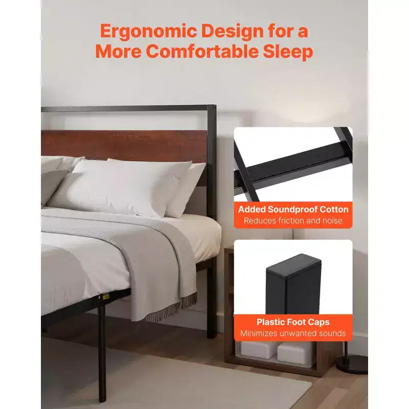 VEVOR Estructura de Cama King Size, Base de Cama Metálica Negra de 14 Pulgadas con Cabecero y Piecero de Madera Marrón Retro, Amplio Almacenamiento Debajo de la Cama, Marrón