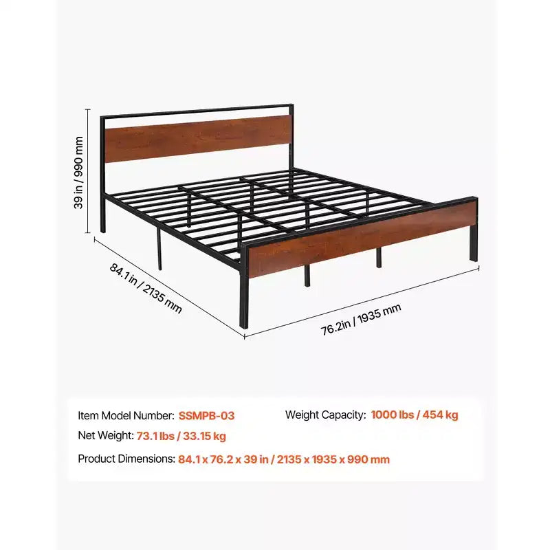 VEVOR Estructura de Cama King Size, Base de Cama Metálica Negra de 14 Pulgadas con Cabecero y Piecero de Madera Marrón Retro, Amplio Almacenamiento Debajo de la Cama, Marrón