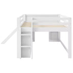 Cama baja tipo loft de tamaño completo con tobogán, marco de cama tipo loft de madera para niños con tres cajones de almacenamiento, blanco