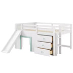 Cama baja tipo loft de tamaño completo con tobogán, marco de cama tipo loft de madera para niños con tres cajones de almacenamiento, blanco