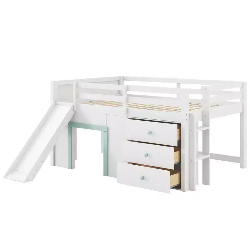 Cama baja tipo loft de tamaño completo con tobogán, marco de cama tipo loft de madera para niños con tres cajones de almacenamiento, blanco