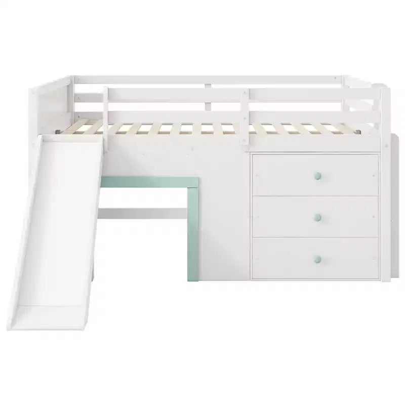 Cama baja tipo loft de tamaño completo con tobogán, marco de cama tipo loft de madera para niños con tres cajones de almacenamiento, blanco