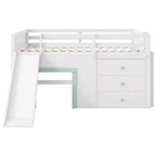 Cama baja tipo loft de tamaño completo con tobogán, marco de cama tipo loft de madera para niños con tres cajones de almacenamiento, blanco
