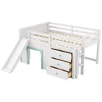Cama baja tipo loft de tamaño completo con tobogán, marco de cama tipo loft de madera para niños con tres cajones de almacenamiento, blanco