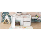 Cama baja tipo loft de tamaño completo con tobogán, marco de cama tipo loft de madera para niños con tres cajones de almacenamiento, blanco