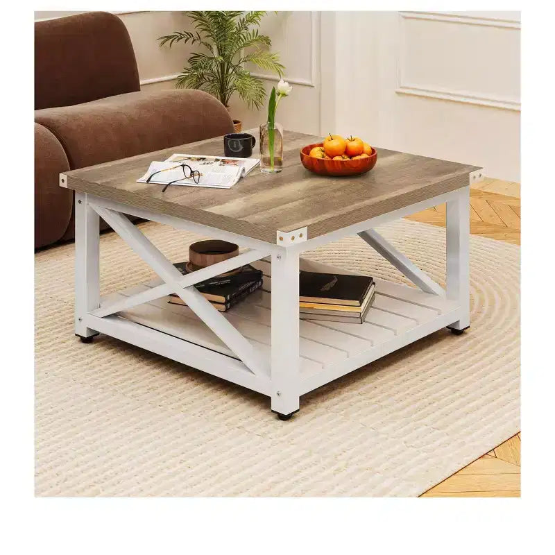 Coffee Table For Living Room,Square Wood Farmhouse Coffee Table With Storage,Rustic Coffee Table,Vintage Center Table For Living Room With Shelf