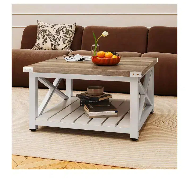 Mesa de centro para sala de estar, mesa de centro cuadrada de madera estilo rústico con almacenamiento, mesa de centro rústica, mesa de centro vintage para sala de estar con estante