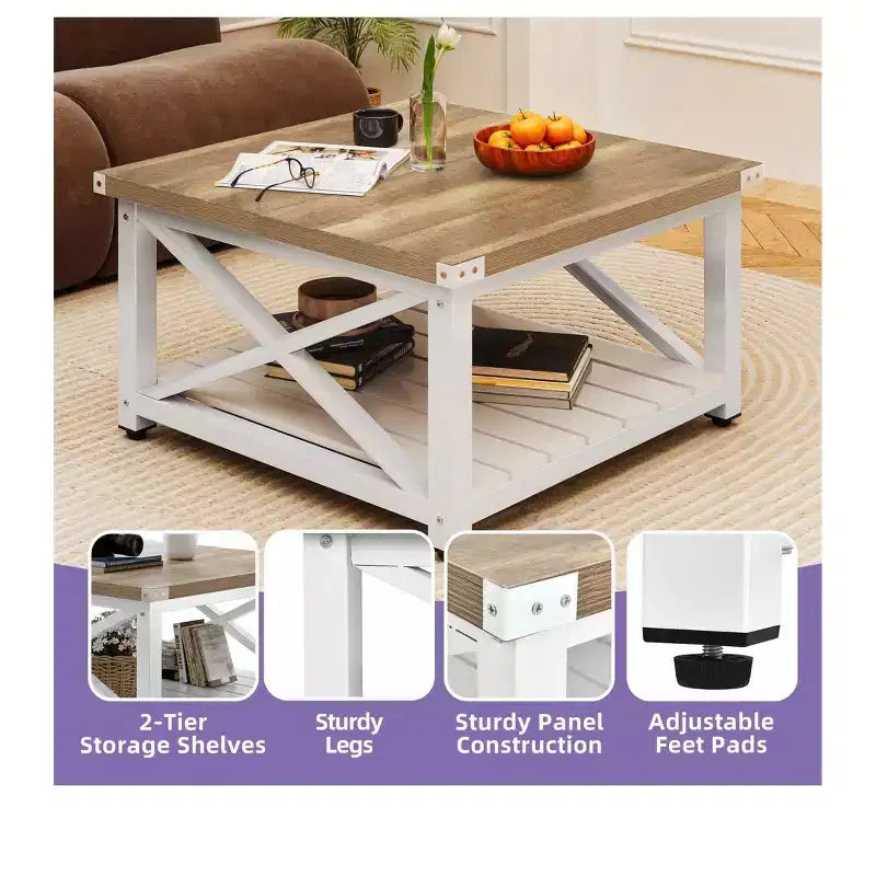 Mesa de centro para sala de estar, mesa de centro cuadrada de madera estilo rústico con almacenamiento, mesa de centro rústica, mesa de centro vintage para sala de estar con estante