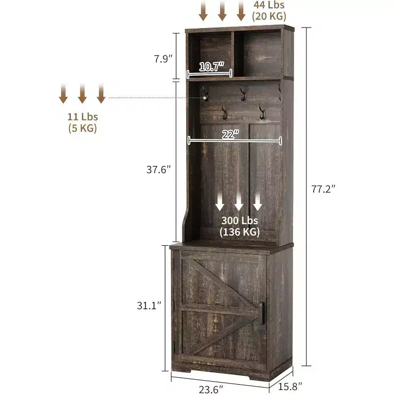 Perchero estrecho de casa de campo con almacenamiento para zapatos, perchero pequeño de 23.6 con banco, 5 ganchos, 2 cubículos y 1 gabinete con puerta de granero para entrada, sala de estar