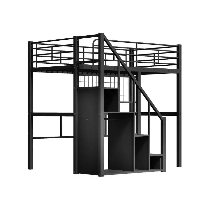 Litera alta individual con escaleras para niños, literas metálicas con armario pequeño, estructura de cama alta con malla decorativa