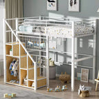 Litera alta individual con escaleras para niños, literas metálicas con armario pequeño, estructura de cama alta con malla decorativa