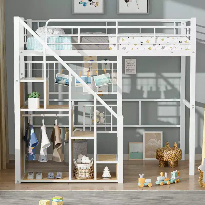 Litera alta individual con escaleras para niños, literas metálicas con armario pequeño, estructura de cama alta con malla decorativa