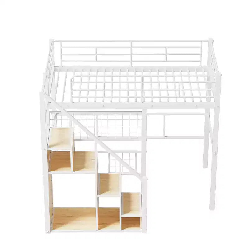 Litera alta individual con escaleras para niños, literas metálicas con armario pequeño, estructura de cama alta con malla decorativa