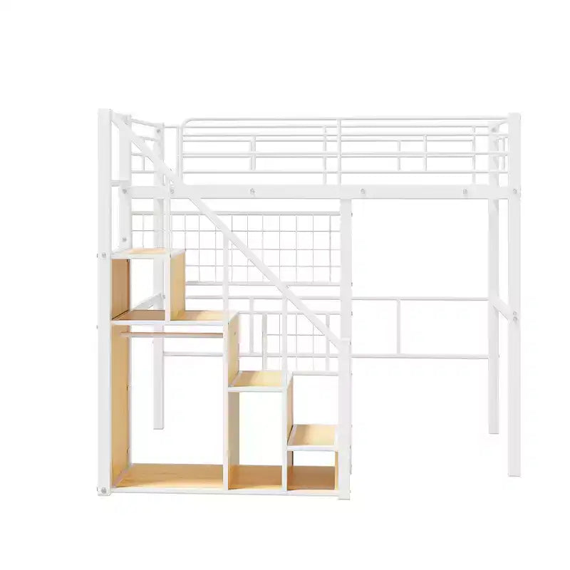 Litera alta individual con escaleras para niños, literas metálicas con armario pequeño, estructura de cama alta con malla decorativa