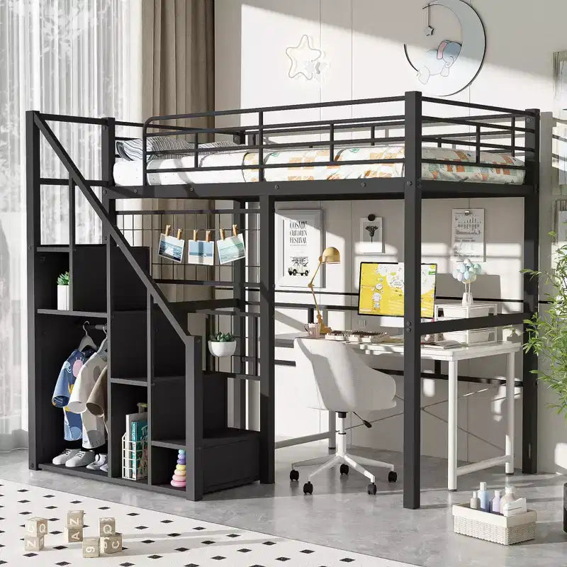 Litera alta individual con escaleras para niños, literas metálicas con armario pequeño, estructura de cama alta con malla decorativa